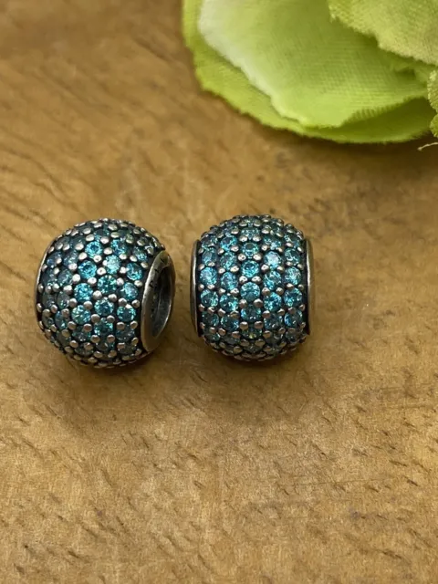 Genuine Pair of Pandora Teal Cz Pave Ball Charms.