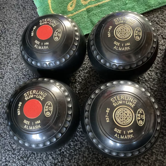4 x Sterling Slimline Almark Lawn Bowls Size 1 HM To Include Towel & Holder