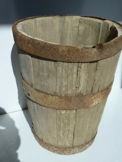 Antique 19th Century Handmade Wooden Wrought Iron Primitive Bucket
