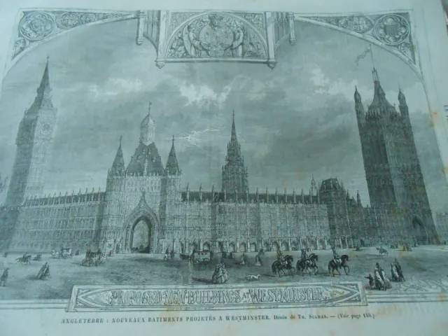 Gravure 1861 - Angleterre nouveaux batiments projetés à Westminster