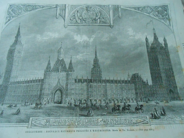 Gravure 1861 - Angleterre nouveaux batiments projetés à Westminster