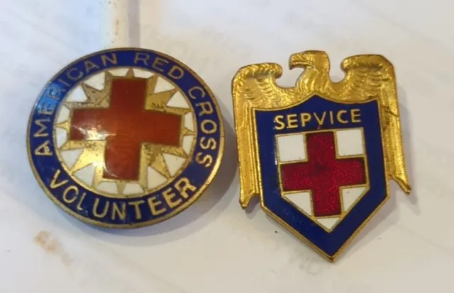 Lot 2 American Red Cross Enamel Pins Eagle Service & Round Volunteer EUC WWII