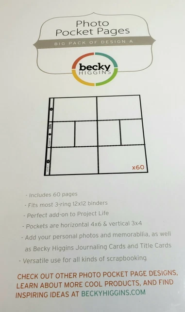 Páginas de Bolsillo de Fotos Becky Higgins - Paquete Grande Diseño A - 60 páginas Nuevo