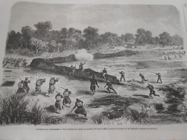 Gravure 1863 - Cochinchine Prise assaut de Go-den