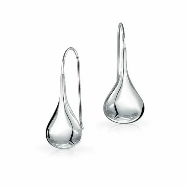 Sterling Silver 925 Solid Classic Puffed Teardrop Hook Dangle Earrings Women