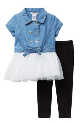 NWT Bebe Girl's Blue Denim Tulle Tunic Legging Set Black 2 Pc Rhinestone Logo