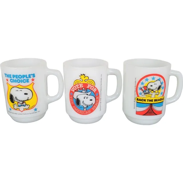 (Lot 3) Fire King Snoopy For President Coffee Glass Mug Set  1980 Vintage