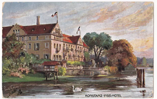 AK Konstanz Insel-Hotel Beflaggung 1909 Künstler-AK Paul Thomas bunt Schwan