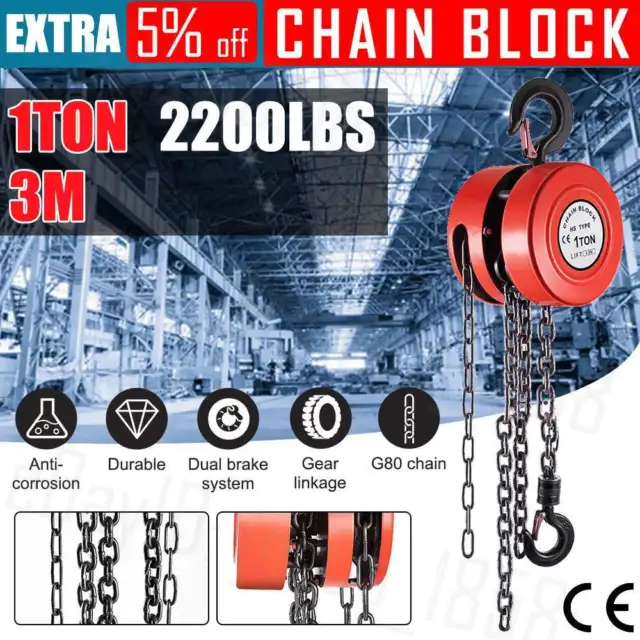1 Ton Block and Tackle Chain Hoist Load Crane 3M Chain Lifting Pulley Sling Tool