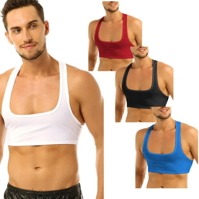 Mens Glossy Y Back Muscle Half Tank Top Vest Sport Bras T-Shirts