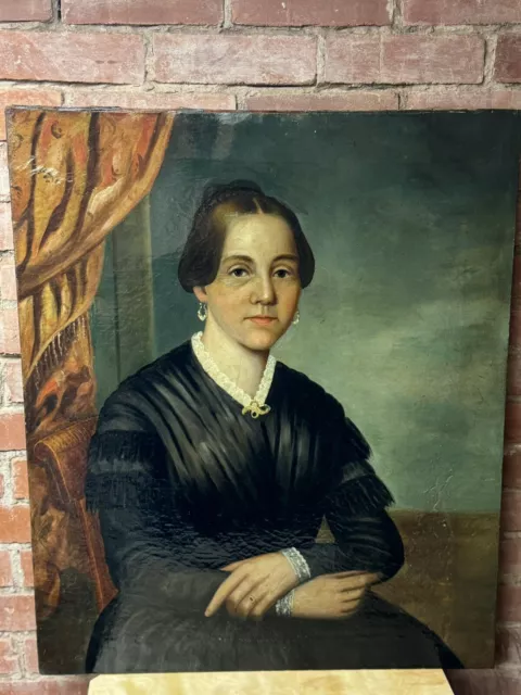 Antique Portrait of Lady w Lace Collar  Oil Painting On Canvas 19th Century