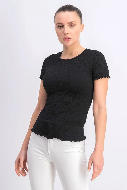 Freshman Juniors' Smocked Solid Top Black Size Small