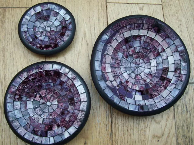 3 Purple Ceramic Glass Mosaic Dishes Bowl Plates Very Striking To Look At.
