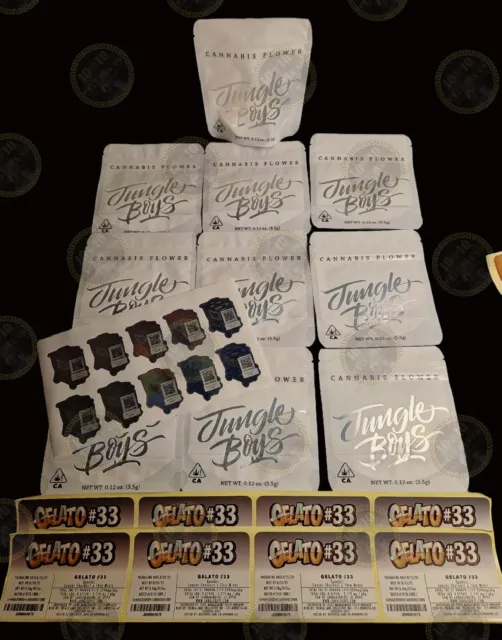 10 x Gelato #33 Jungle Boys 3.5g Cali Packs Cali Bags Empty + Labels *EXCLUSIVE*