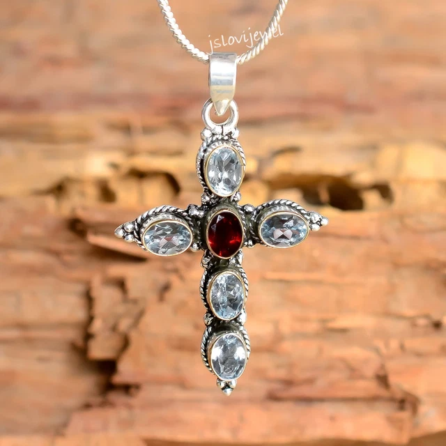 Pendentif Croix Argent 925 Topaze Bleue De Londres Et Citrine – Fait Main – Inde