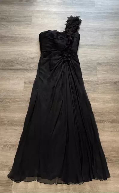 Tadashi Shoji Rosette One Shoulder Silk Gown 8P Beaded Ruched Formal Dress Black