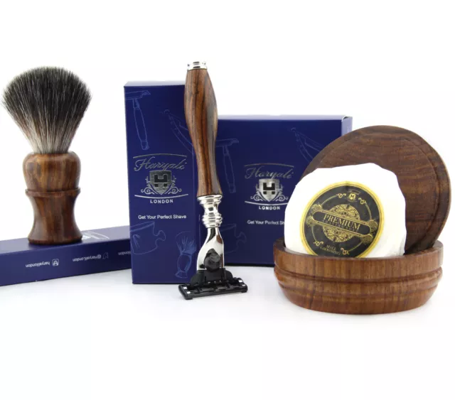 Wooden Shaving Gift Set 3 Edge Razor, Synthetic Badger Shaving Brush Soap & Bowl