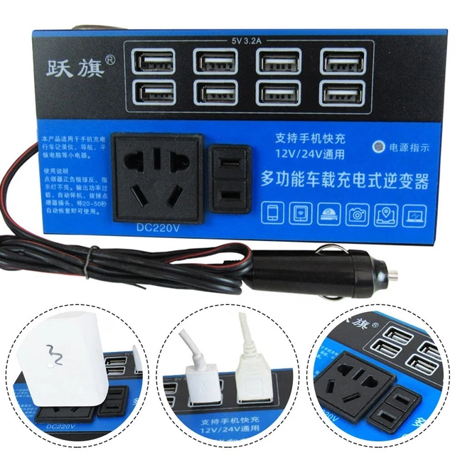 Onduleur Voiture 220V - Convertisseur 12V/24V, 2 Prises AC + USB - Pour Ordinateur, Téléphone, Camping