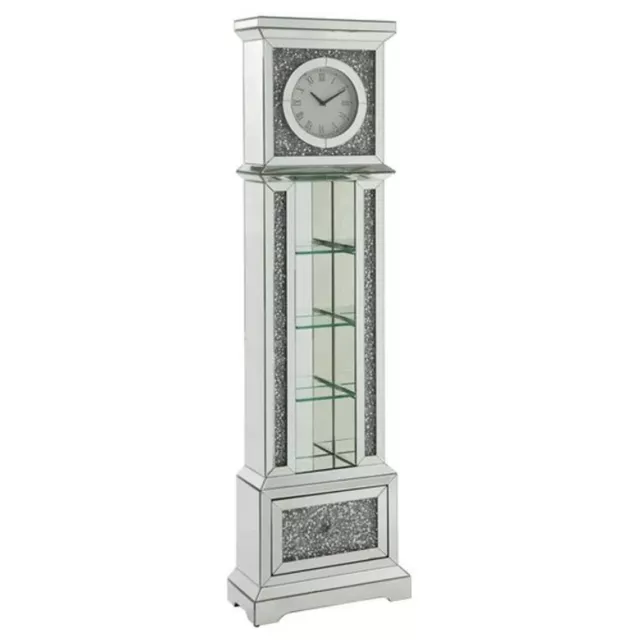 Grandfather Clock With 4 Compartments And Mirror Frame, Silver- Saltoro Sherpi