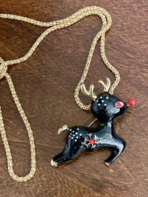Betsey Johnson Black Enamel Crystal Cute Sika Deer Pendant Necklace Brooch NWT