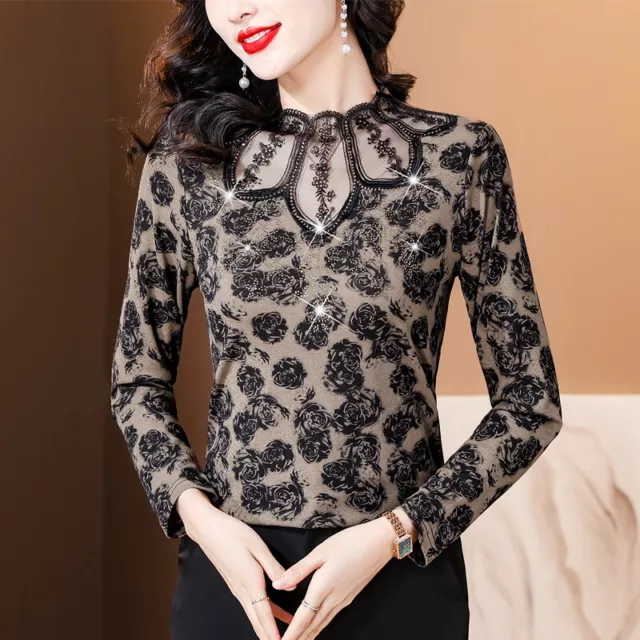 Autumn Women Cut Out Collared Sexy Lace Rhinestone Slim Winter Shirt Blouse Tops