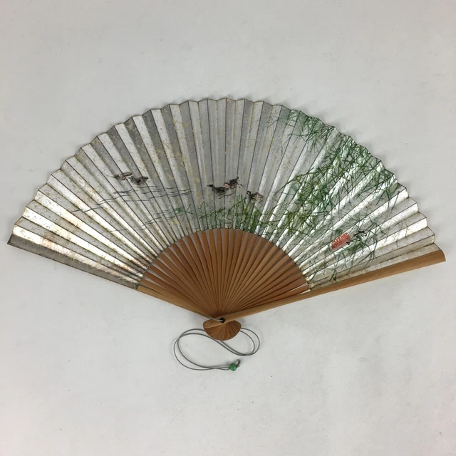 Japanese Folding Fan Vtg Sensu Bamboo Frame Silver Paper Birds 4D619