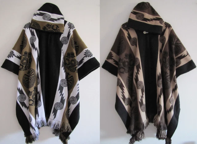 Poncho con Cappuccio | Lana morbida e confortevole | Design Navajo | Fatto a mano