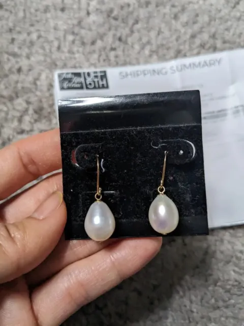 $500 Saks Fifth Avenue 14k gold 11mm freshwater pearl drop teardrop earrings
