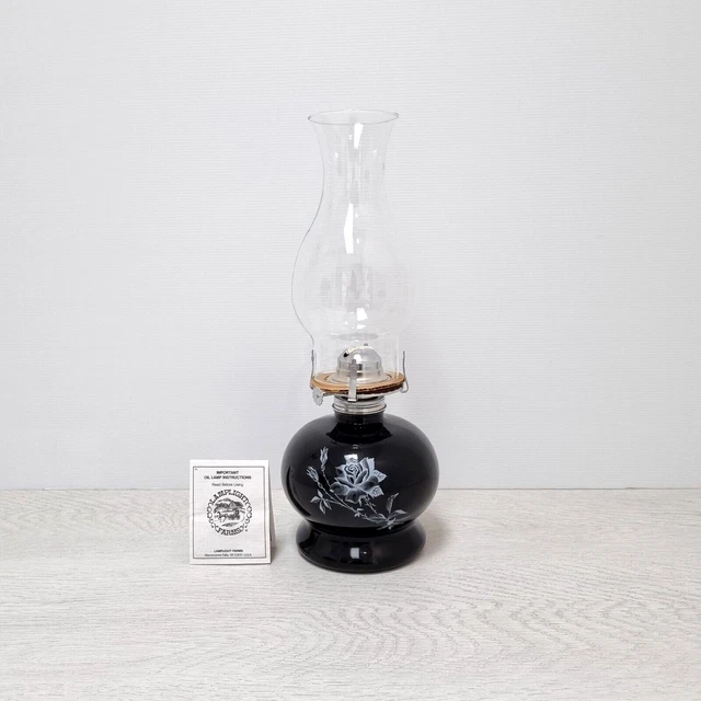 VINTAGE LAMP LIGHT Farms Black Rose Glass Kerosene/Oil Lamp Made In USA