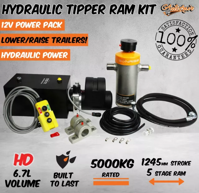 Hydraulic Ram Cylinder Tipper Trailer kit Pump 1200mm stroke 5 stage 5000kg HD