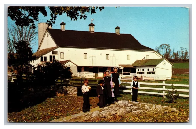 Intercourse PA Pennsylvania Amish Children & Hex Sign Barn Chrome Postcard