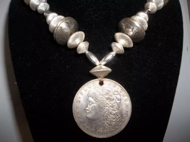 Navajo Silver Mercury Dime Squash Blossom Morgan Necklace Old Pawn Coin Beads