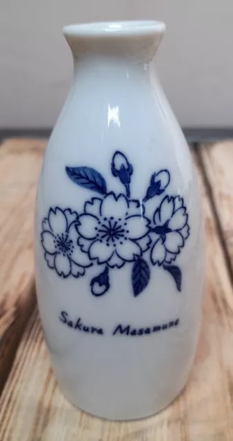 Pair Vintage Japanese Sakura Masamune Sake Serving Bottle 12cm Tall White Blue