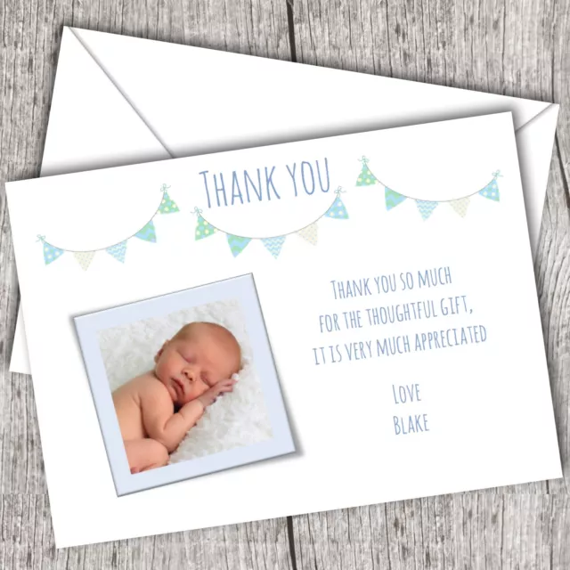 Personalised PHOTO Thank You Cards. Announcement/Christening. Baby Boy (Bunting)