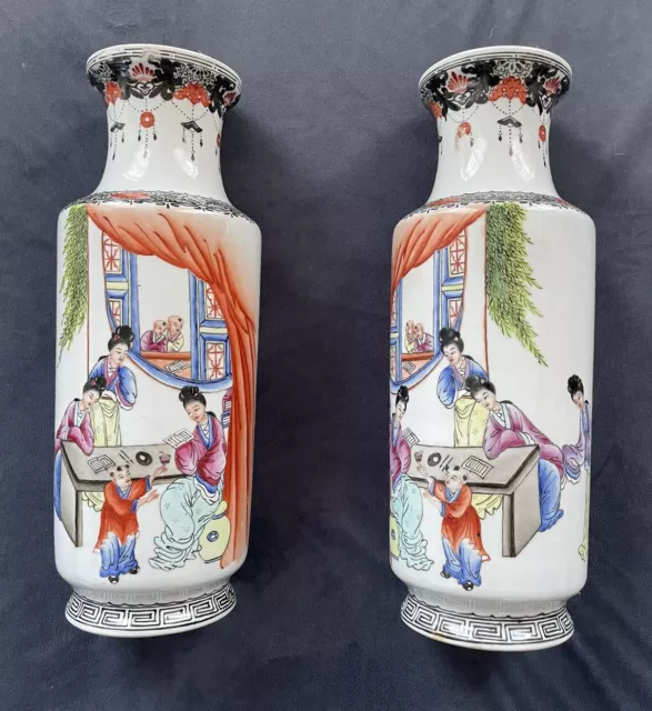 A Pair Chinese Famille Rose Fine China Porcelain Vase 14”