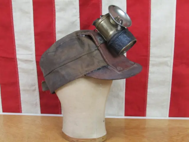 Vintage 1920s Antique Miners Hat Canvas/Leather Mining Cap w/ Carbide Lantern
