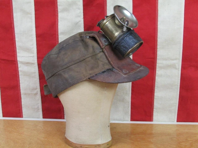Vintage 1920s Antique Miners Hat Canvas/Leather Mining Cap w/ Carbide Lantern