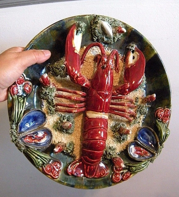 Fantastic Large Majolica Lobster Sealife Decorative Plate Palissy Style 12.5"
