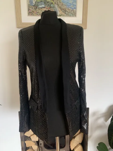 ZARA Black & Gold Shoulder Padded Sequin Jacket Blazer Tux - Size Medium