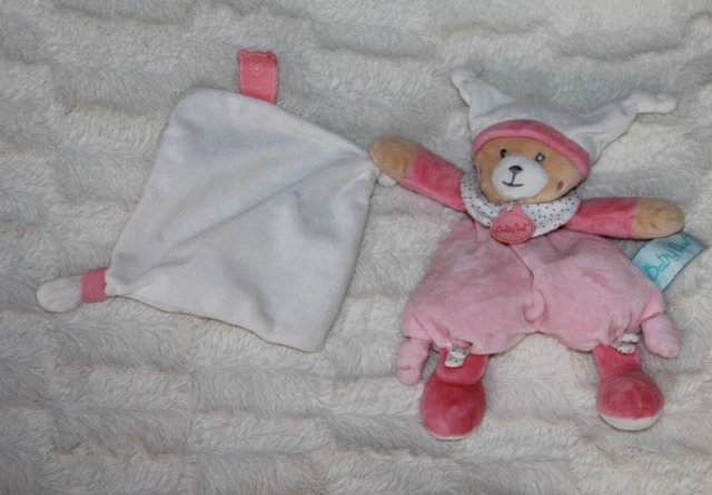 DOUDOU BABYNAT OURS BRIOCHE ROSE MOUCHOIR BLANC jamais servi