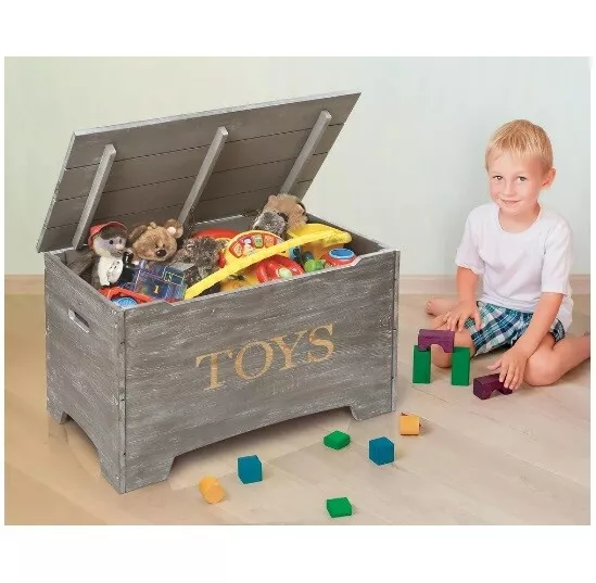 Vintage Toy Box Storage Chest Kid Bin Wooden Lid Bench Play Room Hinge Grey Time