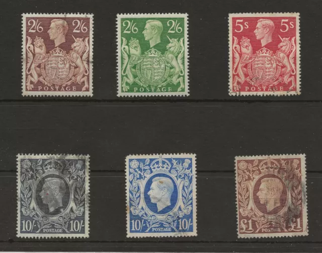 GB 1939-48 George VI High-value set of 6 stamps to £1 SG476-478c Used