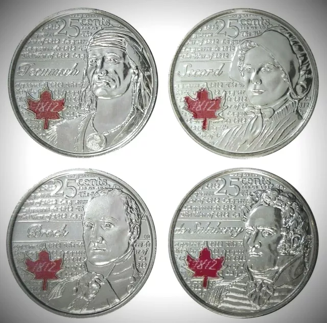 Canada 2012 / 2013 War of 1812 4 Coin Colourized Commemorative Quarter Set!!