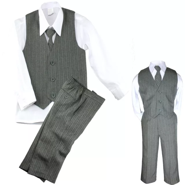 Baby Toddler Boy 4 PC Gray Khaki Vest Set Pinstripe Formal Wedding Tuxedo Suit