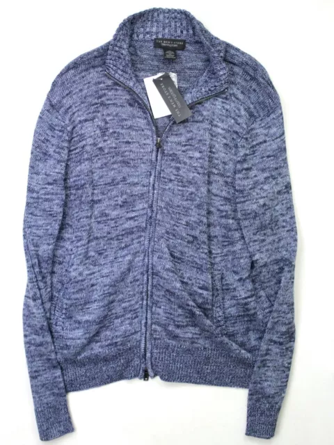 Mens Store Bloomingdales Linen Melange Knit Full Zip Sweater Medium Navy Blue