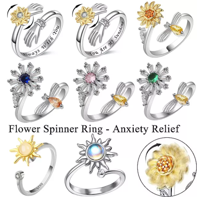 Anxiety Relief Ring Adjustable 925 Silver Spinner Sunflower Meditation Hug Rings