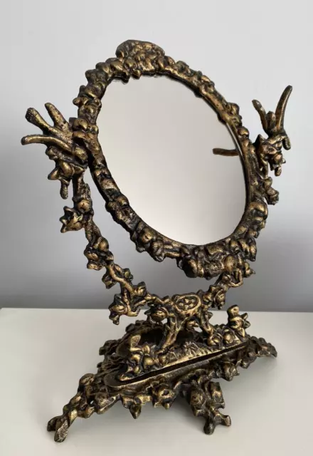 Vintage Victorian Ornate Cast Iron Tilt Mirror Bronze Trinket Dish Birds Gold