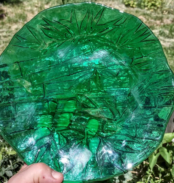 Emerald Green Art Glass Decorative Serving Plate Console Bowl Bamboo Design.
