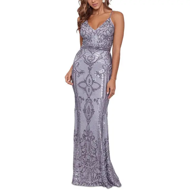 Betsy & Adam Womens Blue Mesh Sequined Formal Evening Dress Gown 12 BHFO 4184