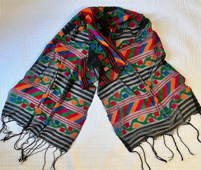 Vtg Folk Art Boho SCARF WRAP Vibrant Color 24"x80" Loosely Woven Handmade Ethnic